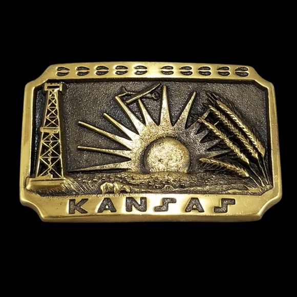 Vintage 1979 Kansas Solid Brass Belt Buckle Heritage Mint Ltd Oil Wheat 10-1858 - Picture 3 of 10